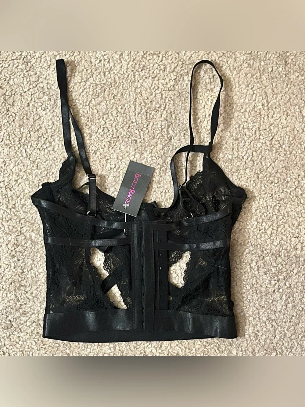 Body Rage Black Lace Rhinestone Bustier Corset Bra Small BNWT